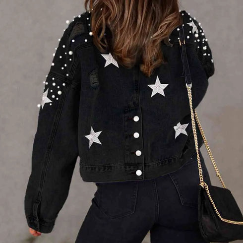 'Marlowe' Distressed Pearl Crop Jacket - Celes Fashion